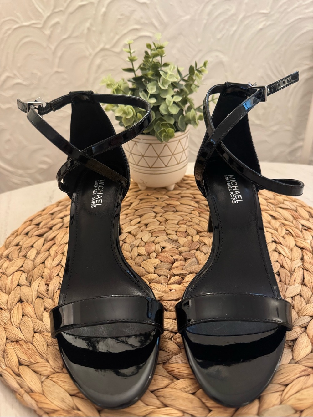 Michael Kors Black Patent Cross-Strap Block Heel Sandals